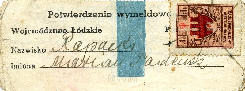 KKE 4912.jpg - Dok. Potwierdzenie wymeldowania dla Mariana Tadeusza Rapackiego, województwo łódzkie, 27 I 1941 r.